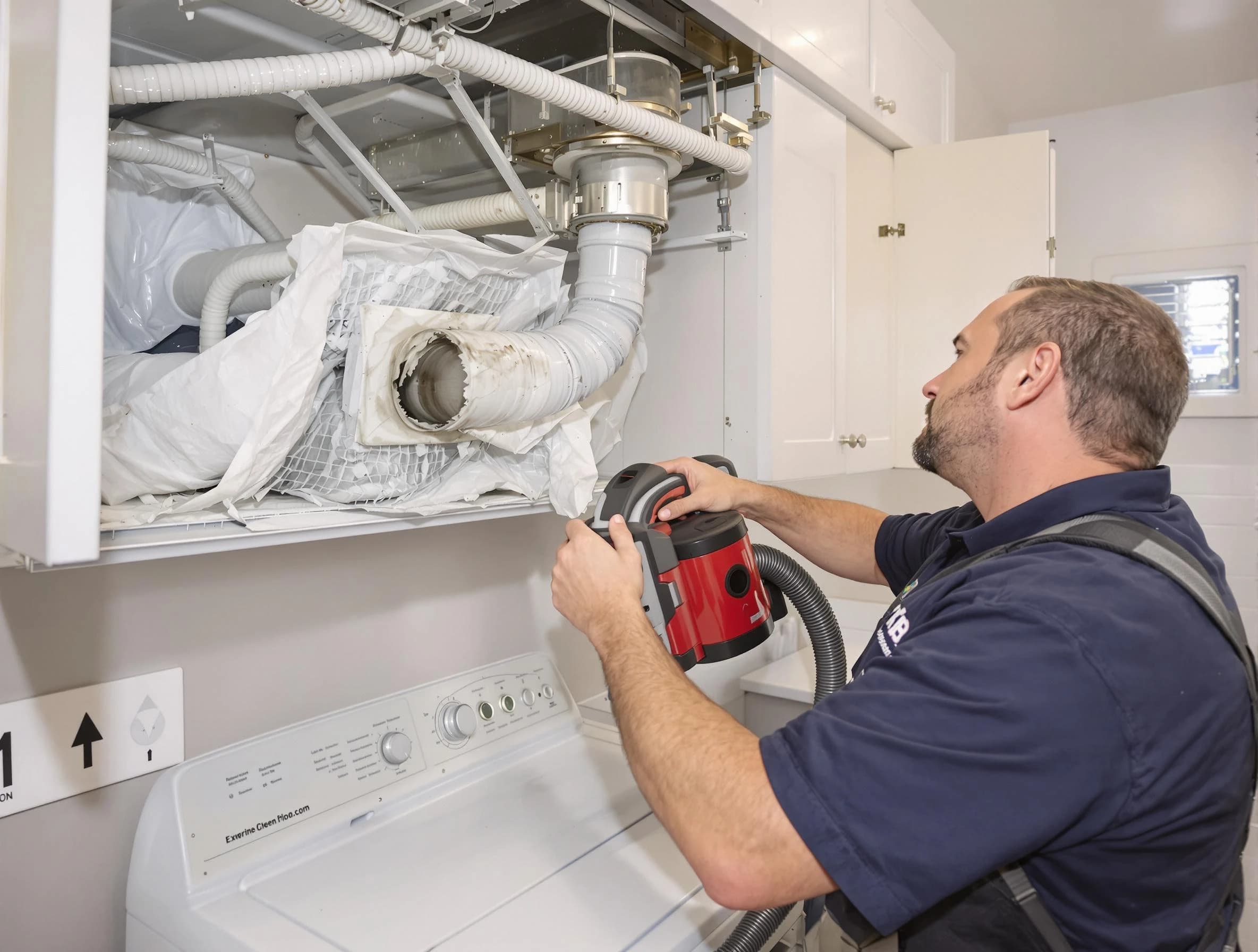 Corona Dryer Vent Cleaning technician performing professional exhaust vent cleaning at a residential property in Corona