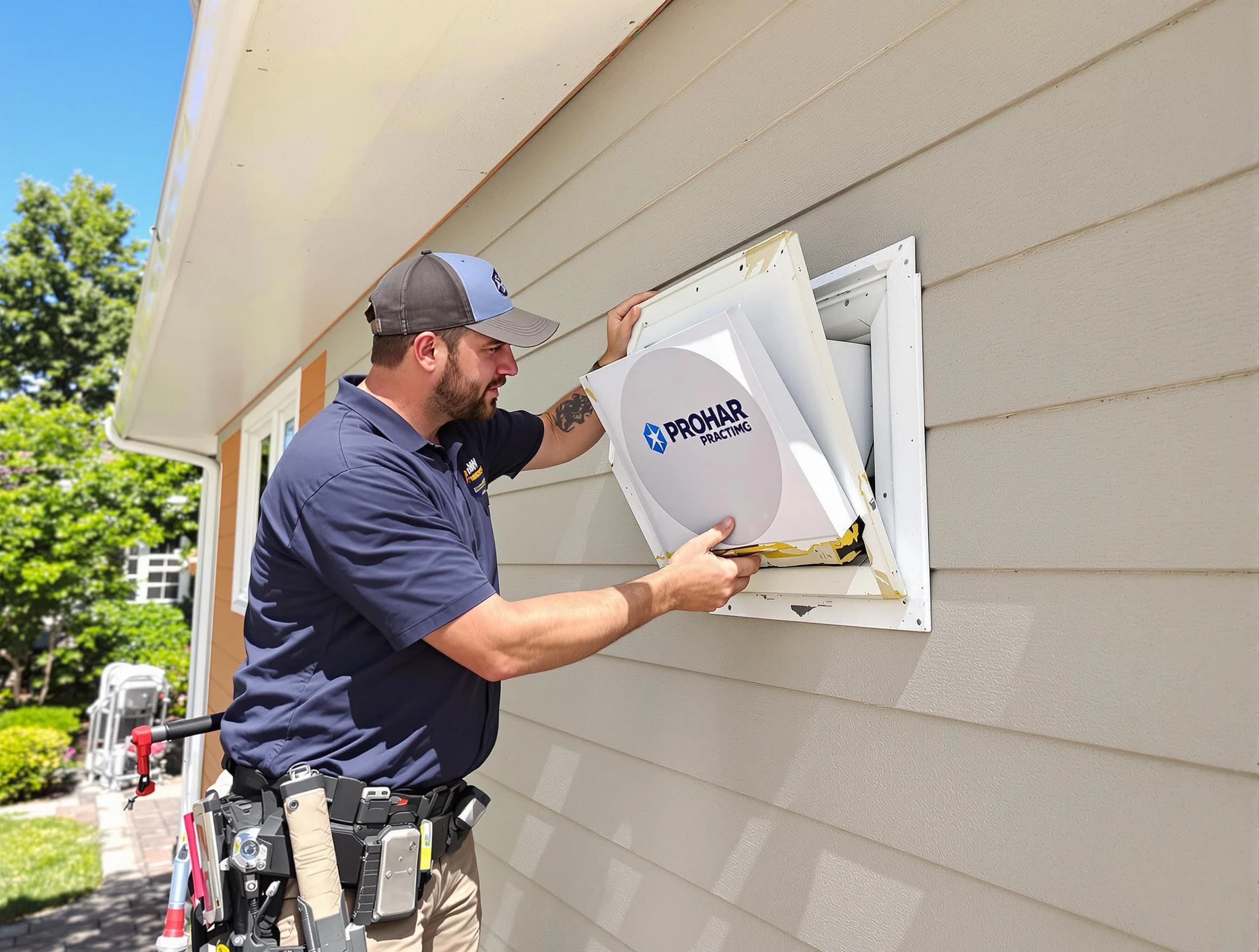 Corona Dryer Vent Cleaning technician installing a new protective dryer vent cover on a home in Corona