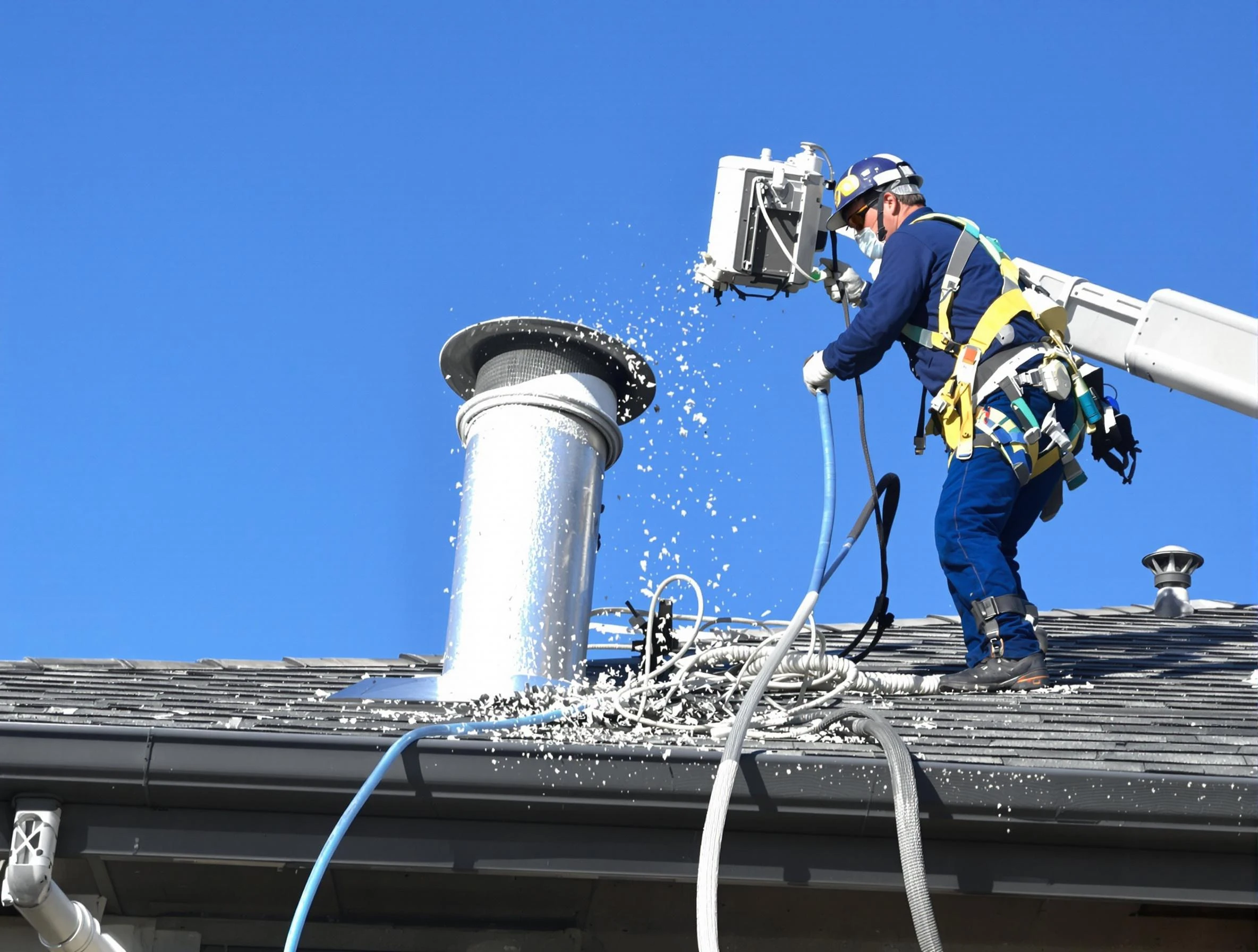 Corona Dryer Vent Cleaning certified technician safely cleaning a roof-mounted dryer vent in Corona