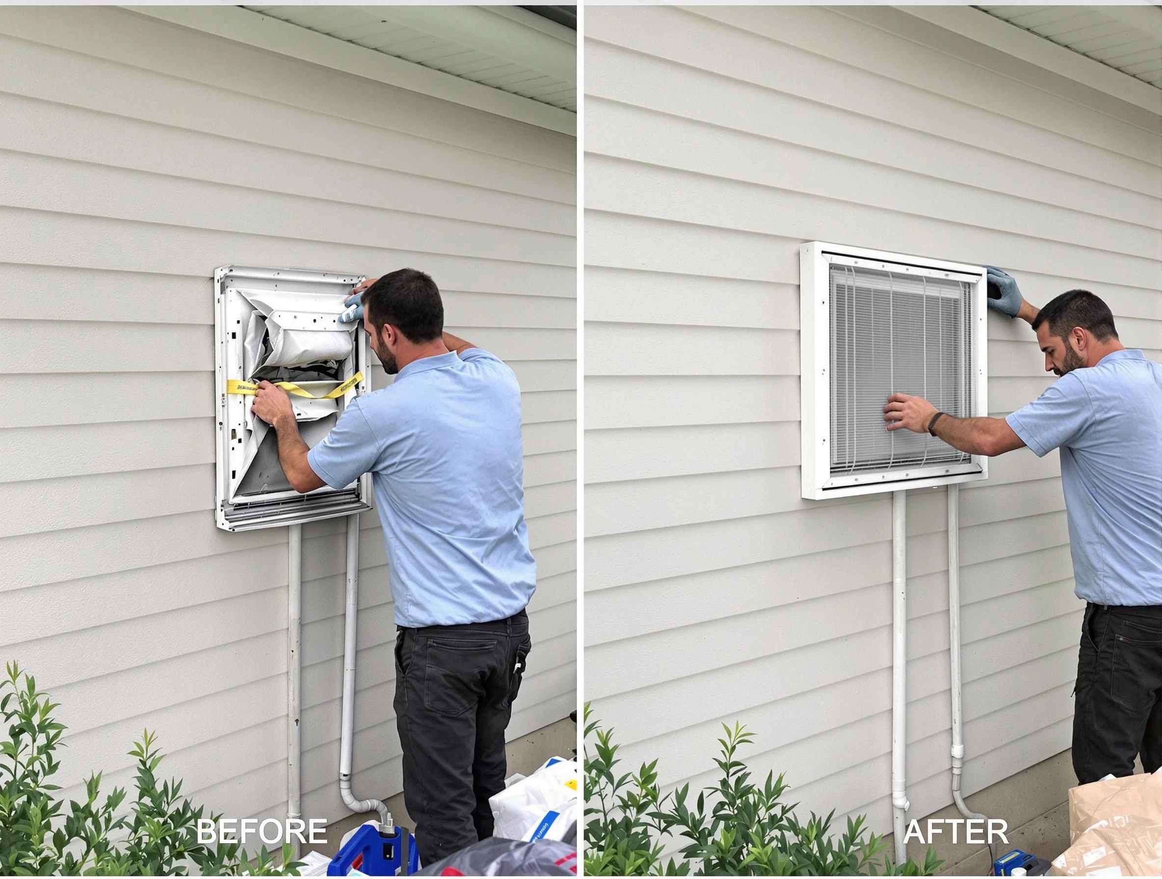 Corona Dryer Vent Cleaning technician installing high-quality dryer vent cover at a residential property in Corona